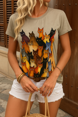 Kadın Kısa Kollu Bisiklet Yaka Kedi Desenli Süprem Bluz