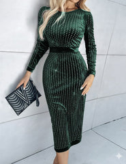 Kadın Uzun Kollu Bisiklet Yaka Taşlı Midi Kadife Elbise