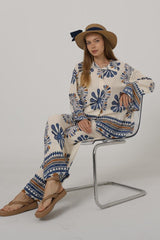 Desenli Kolları Volanlı Pantolon Takım - Haki