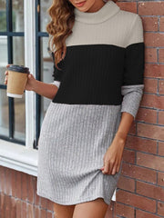 Kadın Uzun Kollu Balıkçı Yaka çizgili çok Renkli Mini şardonlu Kaşkorsel Elbise