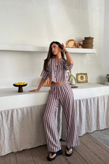 ÇİZGİLİ CROP GÖMLEK - SALAŞ PANTOLON TAKIM MODAL - Bej