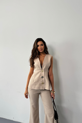 KETEN GOLD DÜĞMELİ YELEK - PANTOLON TK - Bej