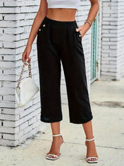 Kadın Beli Lastikli Düğme Ve Cep Detaylı Kapri Ithal Keten Pantolon