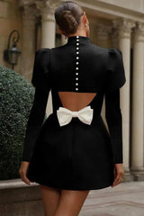 Kadın Uzun Kollu Yarı Balıkçı Yaka Arkadan Kurdela Detaylı Mini Atlas Elbise