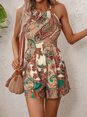 Kadın Omuzlardan Açık Boyun Arkasından Bağlamalı Beli Lastikli Desenli Süprem Kısa Tulum