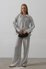 Çzgili Bağlamalı Pantolon Takım - Mavi