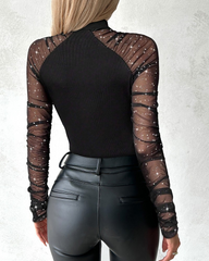 Kadın Uzun Kollu Yarı Balıkçı Yaka Tüllü Kaşkorse Bluz