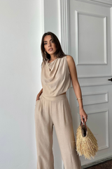 DEGAJE YAKA KOLSUZ BLUZ - PANTOLON TAKIM - Bej
