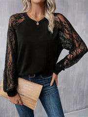 Kadın Uzun Dantel Kollu Bisiklet Yaka Viskon Bluz