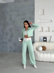 KETEN GÖMLEK-CROP-SALAŞ PANTOLON TAKIM - Mint