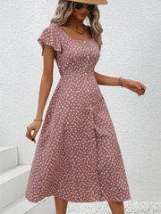 Kadın Düğme Detaylı çiçek Desen Midi Boy Süprem Kloş Elbise