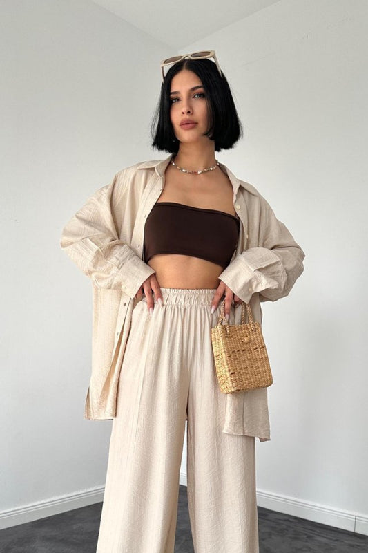 Bej Alice Gömlek Ve Bol Kesim Pantolon Takım