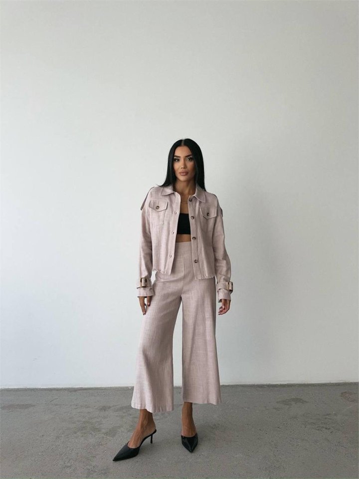 KETEN PÜSKÜL DETAYLI GÖMLEK-PANTOLON TAKIM - Ham