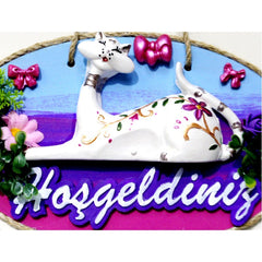Kedi Figürlü Hoşgeldiniz Yazılı El Boyaması Renkli Kapı Süsü