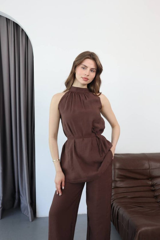 Kadın Halter Yaka Beli Kuşak Detaylı Ikili Takım