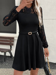 Kadın Uzun Kollu Dantelli Kloş Mini Ithal Krep Elbise