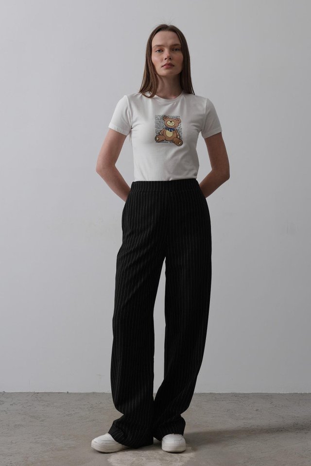 Beli Yarım Lastikli Palazzo Pantolon - Gri-Beyaz