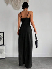 Kadın Askılı Kruvaze Yaka Derin Yırtmaçlı Krep Elbise