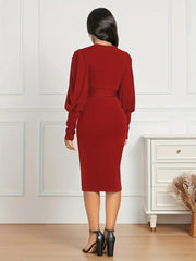 Kadın Uzun Kollu Bisiklet Yaka Beli Kuşaklı Ithal Krep Midi Elbise
