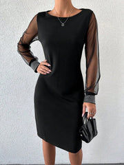 Kadın Uzun Kollu Bisiklet Yaka Kollar Tül Manşet Taş Işlemeli Krep Elbise