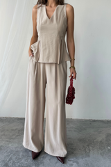 V YAKA KOLSUZ BLUZ - PANTOLON TAKIM MODAL KUMAŞ - Siyah