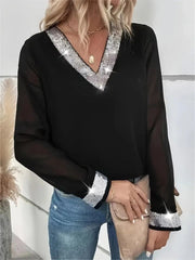 Kadın Uzun Kollu V Pulpayet Yakalı Ithal Krep Bluz