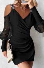 Kadın Kruvaze Yaka Omuz Ve Sırt Dekolteli Taş Detay Mini Elbise