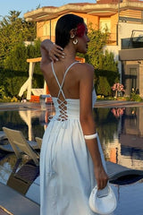 Sırtı Çapraz İpli Boncuk Detaylı Elbise 2902-08