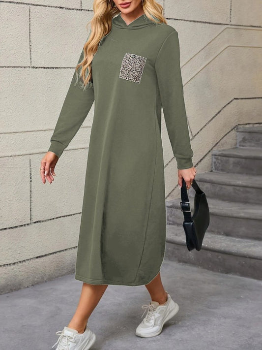 Kadın Uzun Kollu Kapşonlu Cep Detaylı Viskon Iki Iplik Maxi Elbise