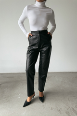 DERİ PANTOLON DİZ PARÇALI - Siyah