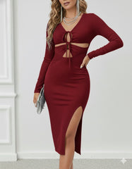 Kadın Uzun Kollu Göğüs Ve Göbek Dekolte Detay Sandy Midi Boy Elbise