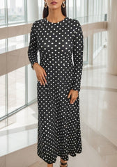Kadın Siyah Tam Boy Beyaz Puantiyeli Elbise