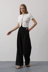 Pileli Bağcıklı Oversize Pantolon - Siyah