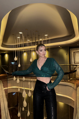 PULLU CROP KRUVAZE BLUZ - Siyah