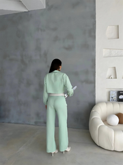 KETEN GÖMLEK-CROP-SALAŞ PANTOLON TAKIM - Mint