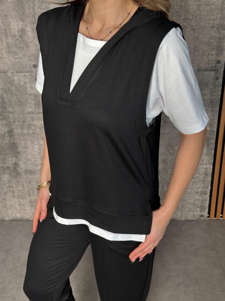 Kadın Kısa Kollu V Yakalı Kapşonlu Viskon Iki Iplik Bluz Ve Pantolon Takım