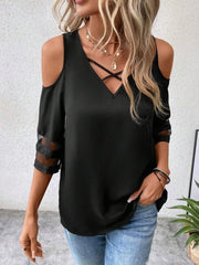 Kadın Kısa Kollu V Yakalı Soğuk Omuz Kolda Ip Detaylı Kolda şifon Tül Detaylı Janjan Krep Bluz