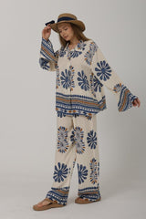 Desenli Kolları Volanlı Pantolon Takım - Haki