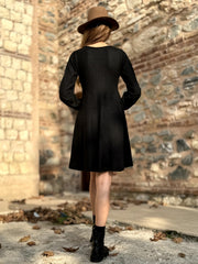 Kadın Uzun Kollu Kare Yaka Düğmeli Kısa şardonlu Iki Iplik Mini Elbise