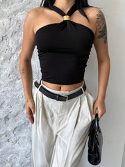Kadın Toka Detay Halter Yaka Sandy Bluz
