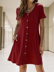 Kadın Kısa Kollu V Yaka önü Düğmeli Viskon Elbise