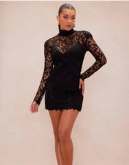 Kadın Balıkçı Yaka Full Dantel Güpür Mini Elbise