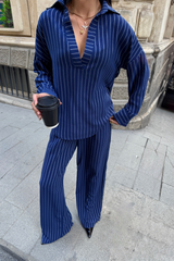 ÇİZGİLİ BLUZ  - PANTOLON TAKIM - Siyah