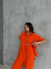 OMUZ MİDYE SIRALI BLUZ - PAÇA PENSLİ PANTOLON TAKIM - Orange