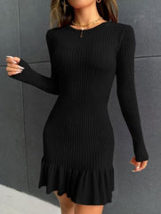 Kadın Bisiklet Yaka Uzun Kol Etek Ucu Fırfırlı Triko Mini Boy Elbise