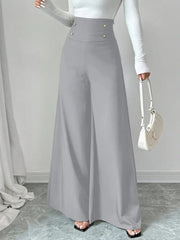 Kadın Yüksek Bel Düğmeli Geniş Paçalı Ithal Krep Pantolon