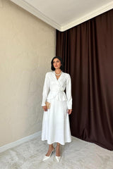 Ekru Pile Detaylı Kruvaze Elbise