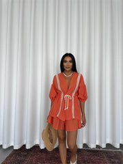 KETEN BEL BÜZGÜLÜ BLUZ-PANTOLON TAKIM - Orange