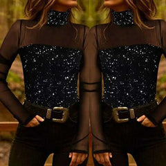 Kadın Siyah Uzun Kollu Kolları Ve Dekolte Tül Ve Payet Detay Balıkçı Yaka Bluz