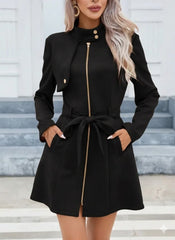 Kadın Uzun Kollu Boyundan Düğmeli Fermuarlı Beli Kuşaklı Süet Ceket